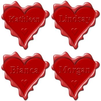 Valentine love hearts with names: Kathleen, Linsday, Bianca, Morgan
