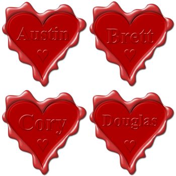 Valentine love hearts with names: Austin, Brett, Cory, Douglas