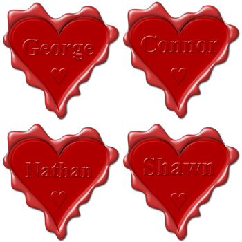 Valentine love hearts with names: George, Connor, Nathan, Shawn, 