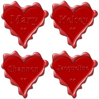 Valentine love hearts with names: Mary, Kelsey, Shannon, Jacqueline