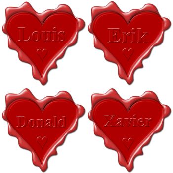 Valentine love hearts with names: Louis, Erik, Donald, Xavier 