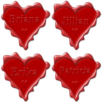 Valentine love hearts with names: Briana, Jillian, Erika, Patricia