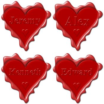 Valentine love hearts with names: Jeremy, Alex, Kenneth, Edward