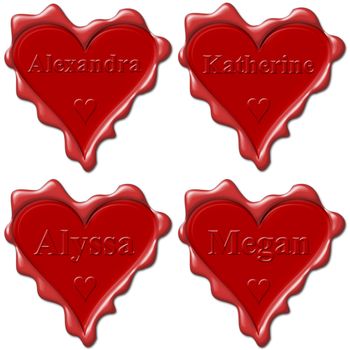 Valentine love hearts with names: Alexandra, Katherine, Alyssa, Megan