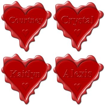 Valentine love hearts with names: Courtney, Crystal, Kaitlyn, Alexis