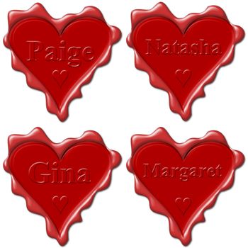 Valentine love hearts with names: Paige, Natasha, Gina, Margaret