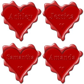 Valentine love hearts with names: Ashley, Jessica, Samantha, Amanda