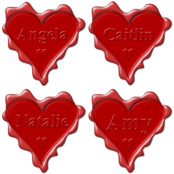 Valentine love hearts with names: Angela, Caitlin, Natalie, Amy