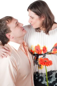 Shot of beautiful couple, pregnant woman isolated on white