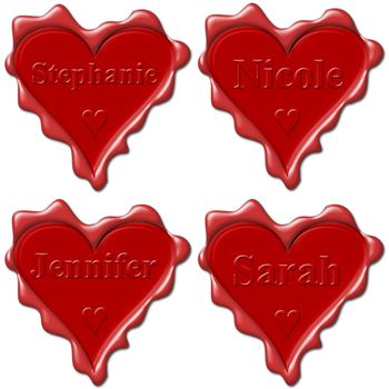 Valentine love hearts with names: Stephanie, Nicole, Jennifer, Sarah