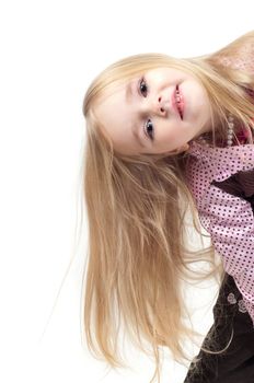 Portrait of little cute girl with long hair isolated on white