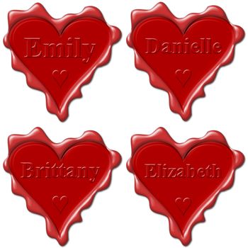 Valentine love hearts with names: Emily, Danielle, Brittany, Elizabeth