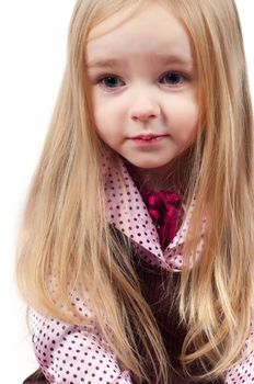 Portrait of little cute girl with long hair isolated on white