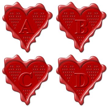 A, B, C, D Heart - red wax seal collection