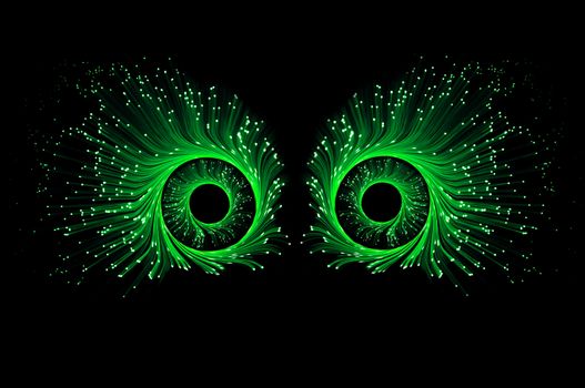 Two eyes composed from illuminated green fibre optics against a black background.