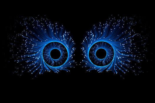 Two blue eyes composed from illuminated fibre optic light strands against a black background.