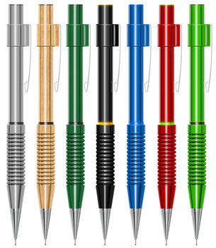 Illustration of 7 multicolored propelling pencils, plastic, wood and leather