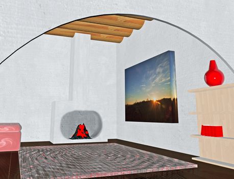 View of  render of a 3D room with lit fireplace, carpet and big photo of a sunset