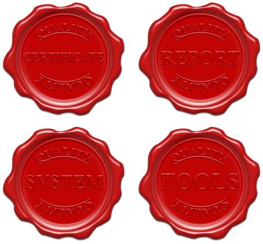 High resolution realistic red wax seal with text : quality, certificate, report, system, tools