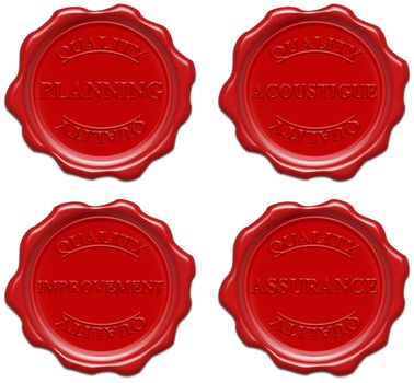 High resolution realistic red wax seal with text : quality, planning, acoustigue, improvement, assurance