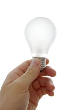Lightbulb in a human hand isolated on white
