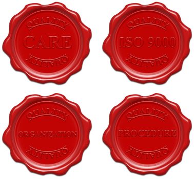 High resolution realistic red wax seal with text : quality, care, iso 9000, organization, procedure