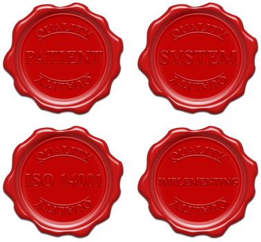 High resolution realistic red wax seal with text : quality, patient, system, iso 14001, implementing