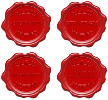 High resolution realistic red wax seal with text : quality, acreditation, strategic, technology, audit