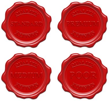High resolution realistic red wax seal with text : quality, standard, premium, medium, poor