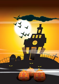 An illustration of a haunted house with bats, silhouetted against a moonlight sky background with ghostly eyes and pumpkins to the foreground. Halloween themed.