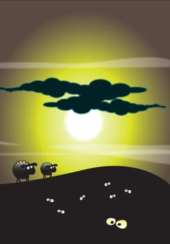 An illustration of a moonlight sky background with the silhouetted figures of sheep on a hillside.