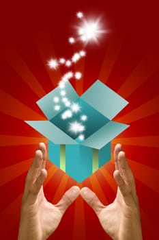 Blessing star flying out from green gift box in the hand, Gift concept