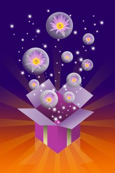 Lotus flower in bubble and gift box on colorful background, Fun concept