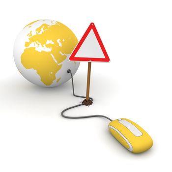 yellow computer mouse is connected to a yellow globe - surfing and browsing is blocked by a triangular red-white warning sign that cuts the cable - empty template sign