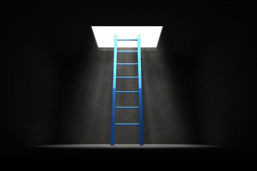 blue shiny ladder in the middle of a dark room leads out to the light