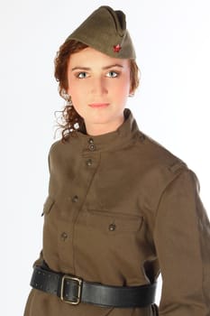 The young and beautiful girl in the form of the soldier of red army