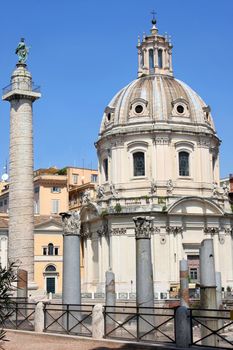 Traian column and Santa Maria di Loreto in Rome, Italy