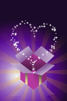 Blessing heart star flying from gift box with purple color background, Gift concept