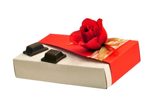 Valentine's day gift: fabric red rose recycled carboard gift box with two yummy pieces of chocolate