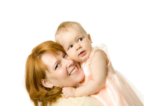Happy mother holding daughter isolated on white