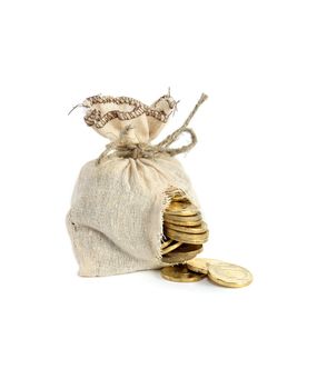 Business concept. Hole-ridden burlap sack with spilled coins