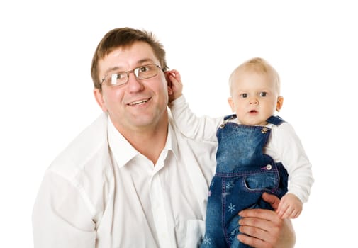 Happy Father with baby girl posing isolated on white