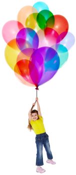 The little girl is flying on a bunch of color balloons