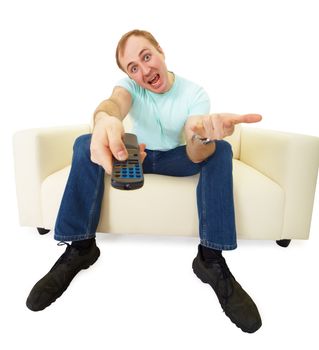 emotional man with a TV remote control sitting on the couch
