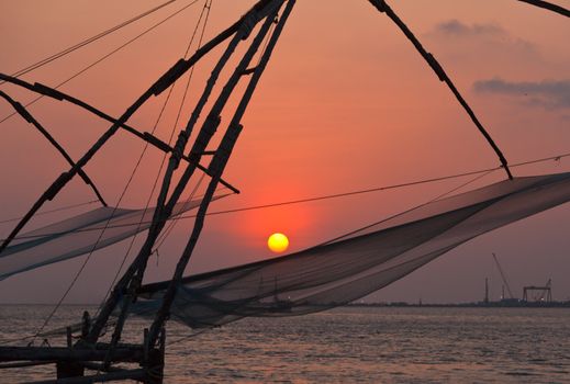 Kochi chinese fishnets on sunset. Fort Kochin, Kochi, Kerala, India