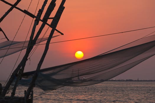 Kochi chinese fishnets on sunset. Fort Kochin, Kochi, Kerala, India