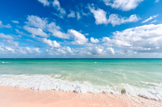 Beautiful beach and  waves of Caribean Sea. Riviera Maya, Mexico