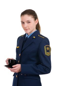 girl in the uniform of the railway with a cup isolated on white background