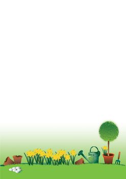 A hand drawn illustration of an easter garden scene with yellow daffodils, a topiary tree, a watering can, broken plant pots and a small garden fork. White eggs are set to the foreground. Easter in theme.