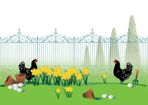 A hand drawn illustration of a French styled garden scene with two black and white hens, yellow daffodils, broken plant pots and a small garden fork. All set in front of a set of ornate garden gates and tall fir trees. French in style, easter in theme. Freshly laid white eggs scattered around.